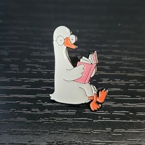 Reading Goose Enamel Pin — White & Pink Cute Duck with Book